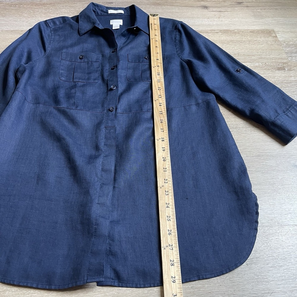 Chicos Linen Button Down Shirt No Iron Blouse Top Navy Blue 0 Roll Tab Sleeve - Picture 2 of 7